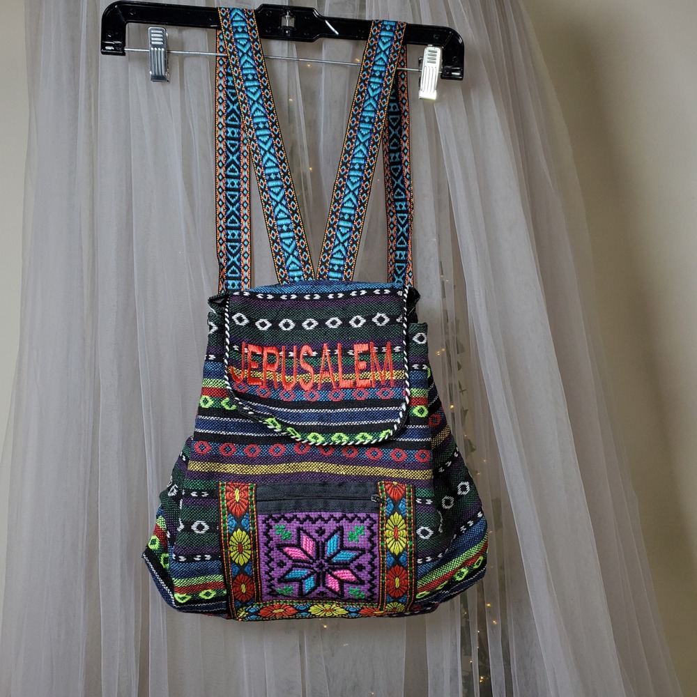 Hand Embroidered Palestinian Backpack Boho Style Jerusalem Tatreez Colorful